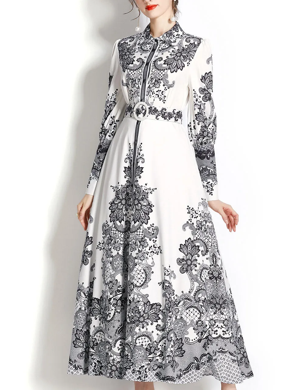 Light Blue Lapel Long Sleeved Bohemian Dress
