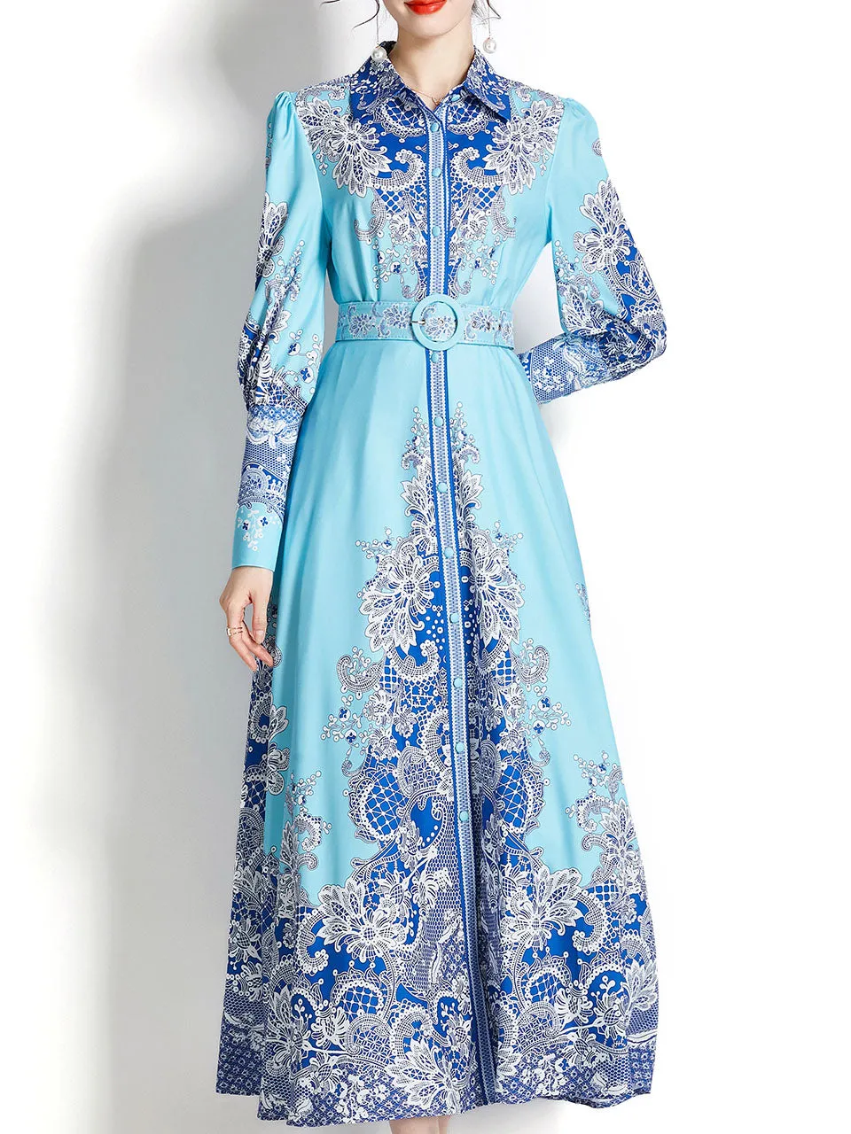 Light Blue Lapel Long Sleeved Bohemian Dress