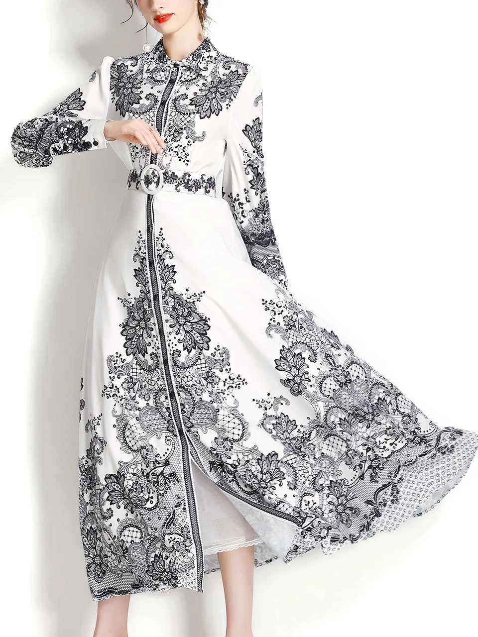 Light Blue Lapel Long Sleeved Bohemian Dress