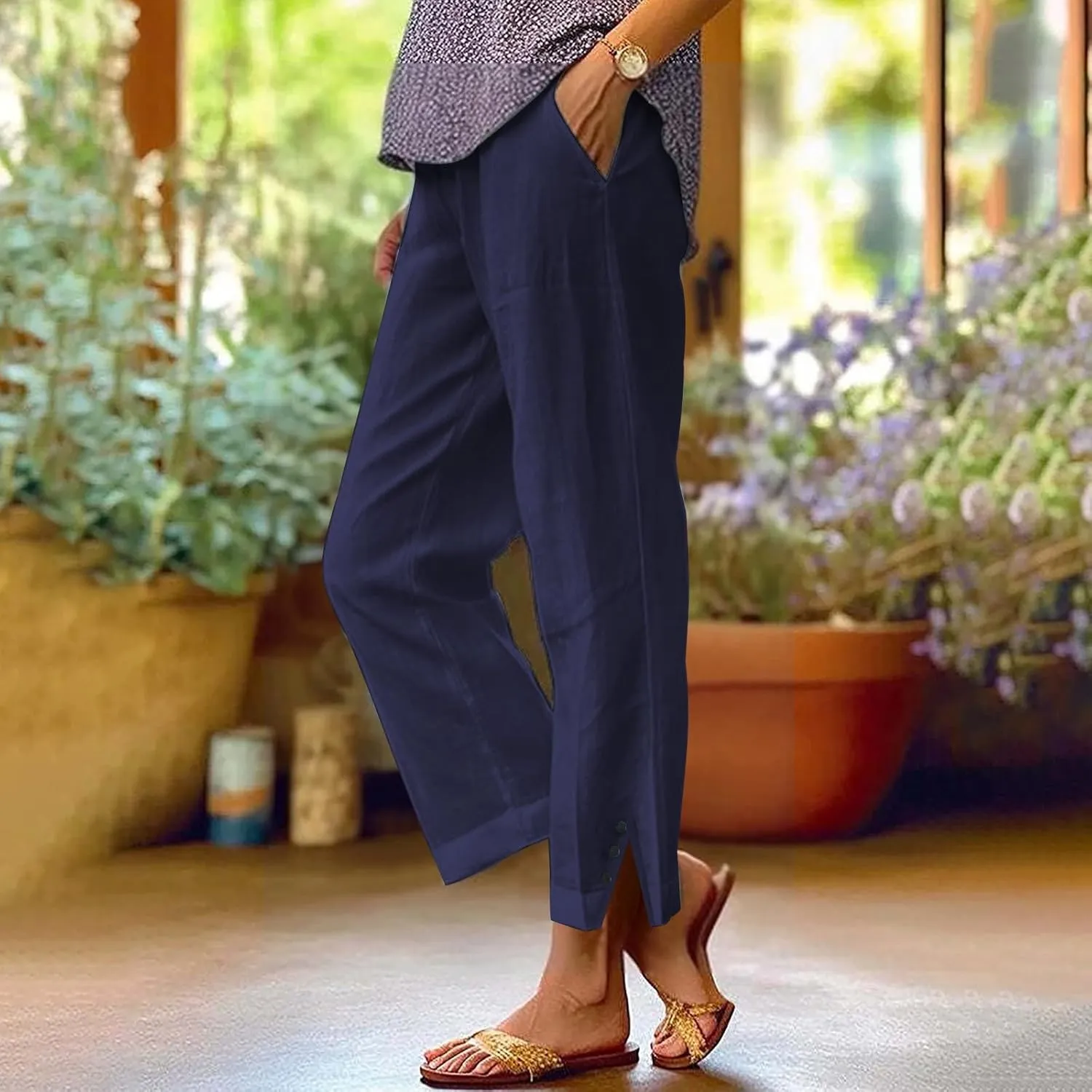 Linen Pants for Women Summer Elastic Waist Straight Leg Plus Size Crop Button Casual Beach Trousers with Pockets