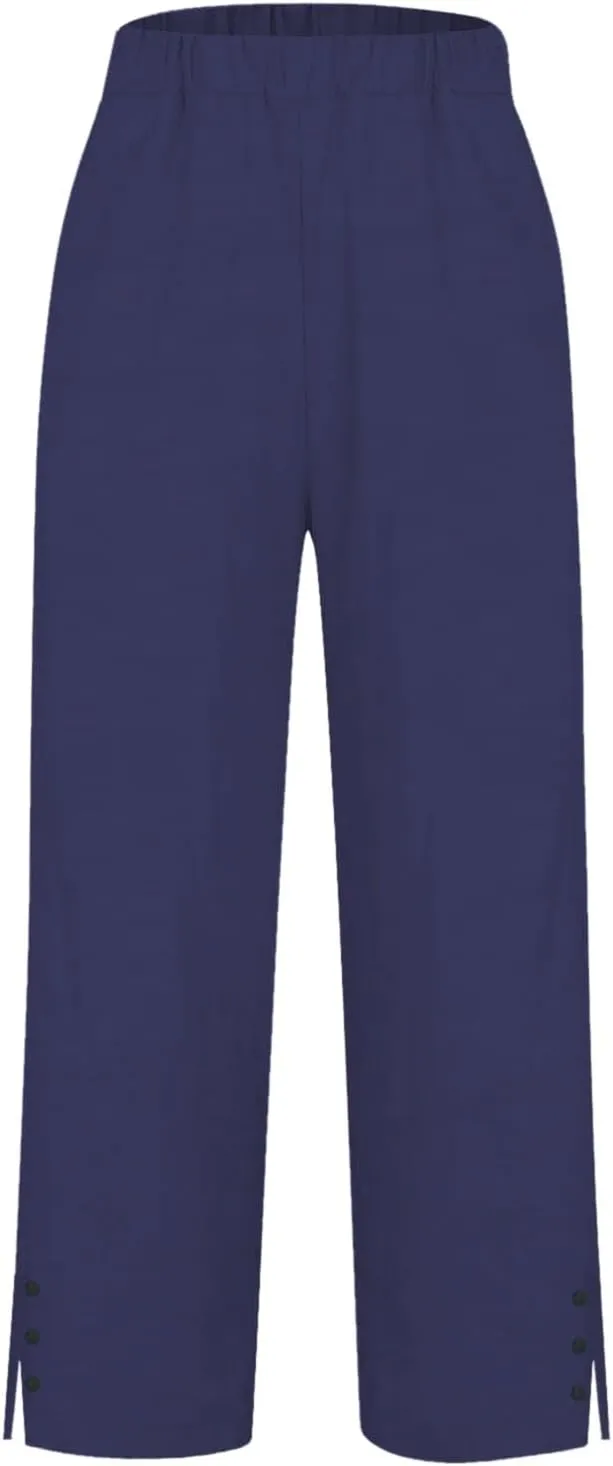 Linen Pants for Women Summer Elastic Waist Straight Leg Plus Size Crop Button Casual Beach Trousers with Pockets