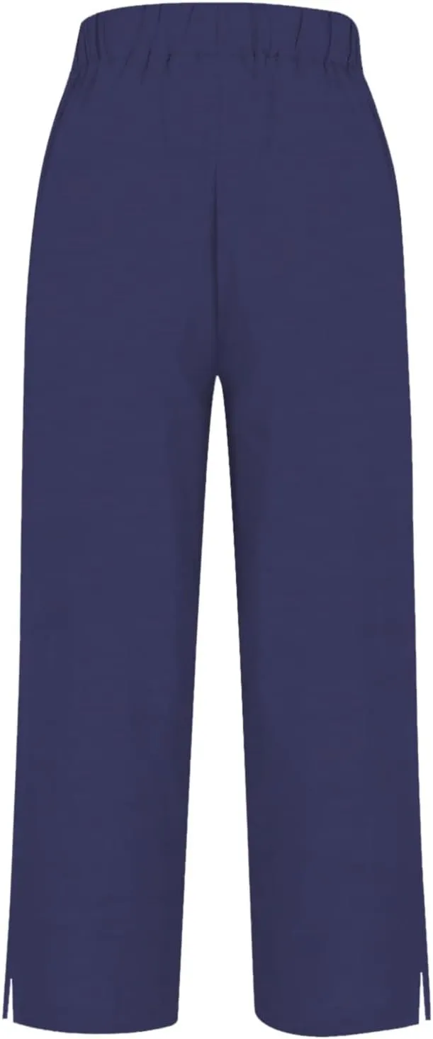 Linen Pants for Women Summer Elastic Waist Straight Leg Plus Size Crop Button Casual Beach Trousers with Pockets