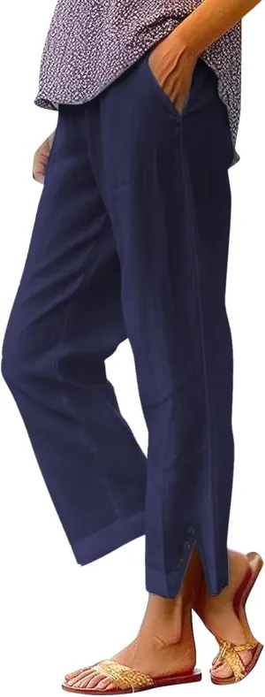 Linen Pants for Women Summer Elastic Waist Straight Leg Plus Size Crop Button Casual Beach Trousers with Pockets