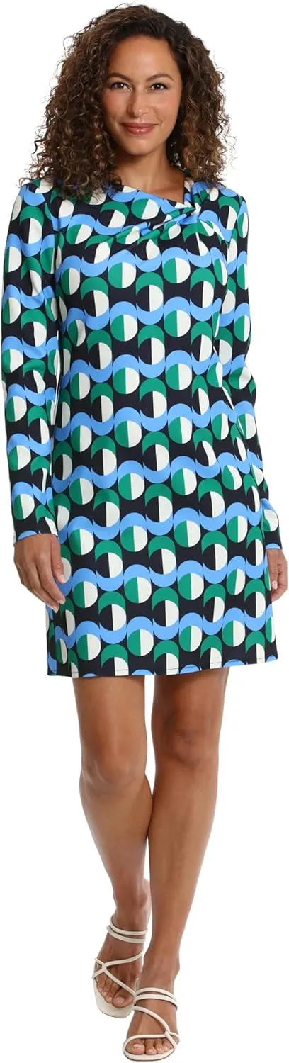 London Times Women's Twist Neck Short Crepe Long Sleeve Dress Fun Playful Polished Chic Desk to Dinner