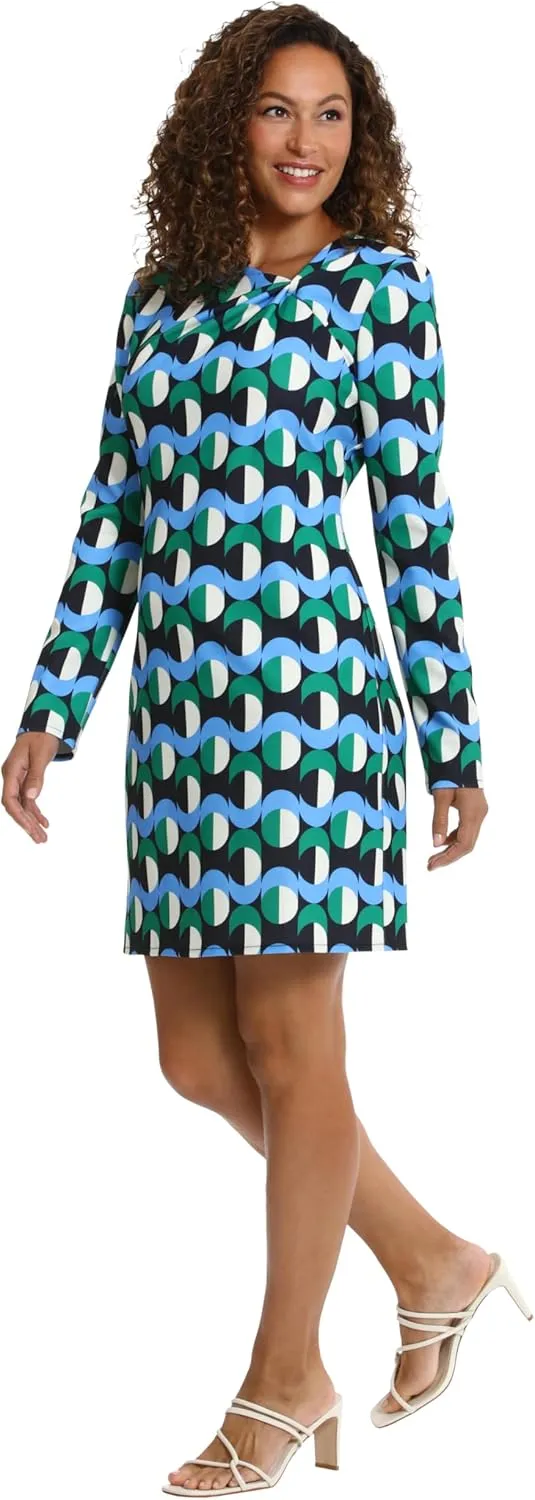London Times Women's Twist Neck Short Crepe Long Sleeve Dress Fun Playful Polished Chic Desk to Dinner