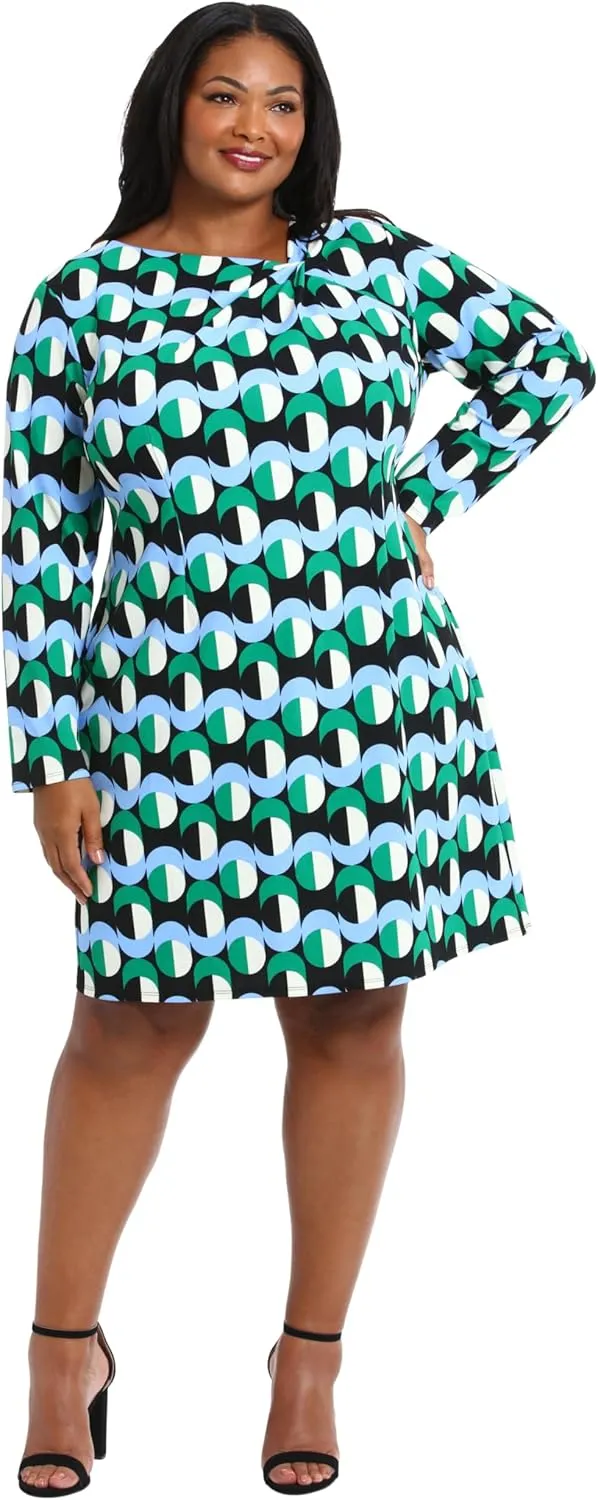 London Times Women's Twist Neck Short Crepe Long Sleeve Dress Fun Playful Polished Chic Desk to Dinner