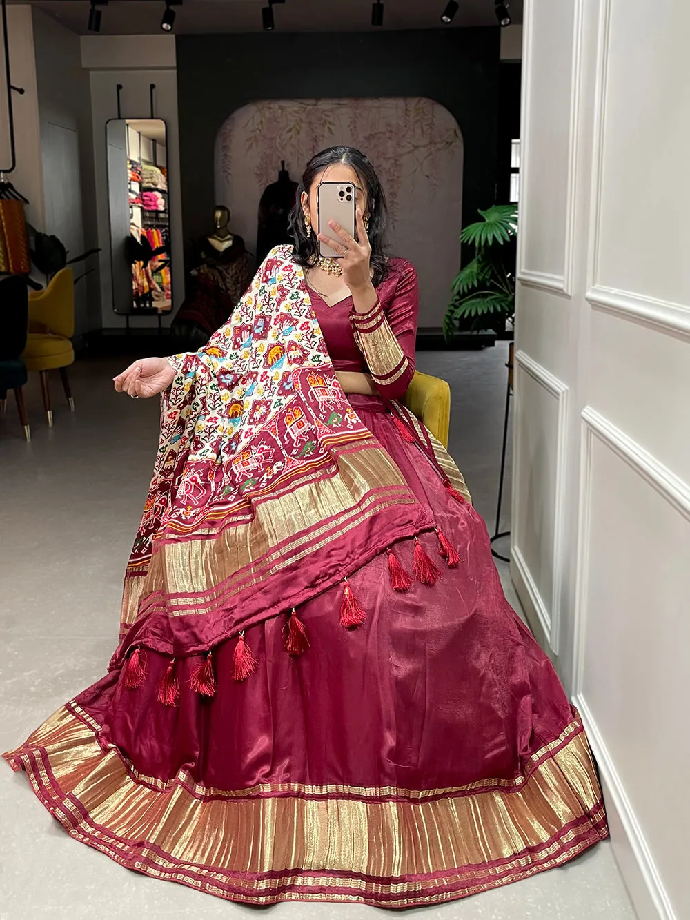 Maroon Color Dyeing With Lagdi Patta Gaji Silk Lehenga Choli