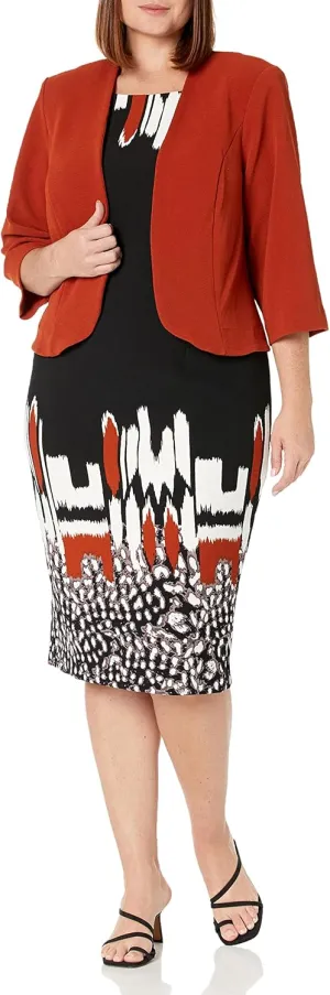 Maya Brooke Women's Plus Size Border Print Knee Length Sheath Dress and 3/4 Sleeve Jacket 2-Piece Set