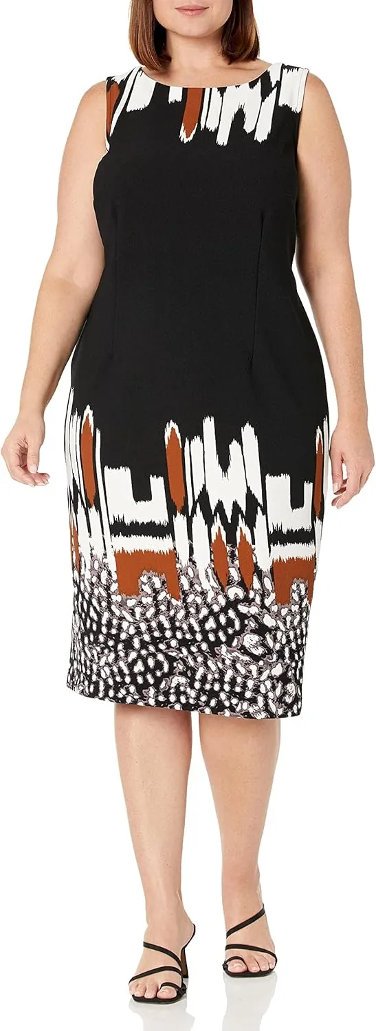 Maya Brooke Women's Plus Size Border Print Knee Length Sheath Dress and 3/4 Sleeve Jacket 2-Piece Set