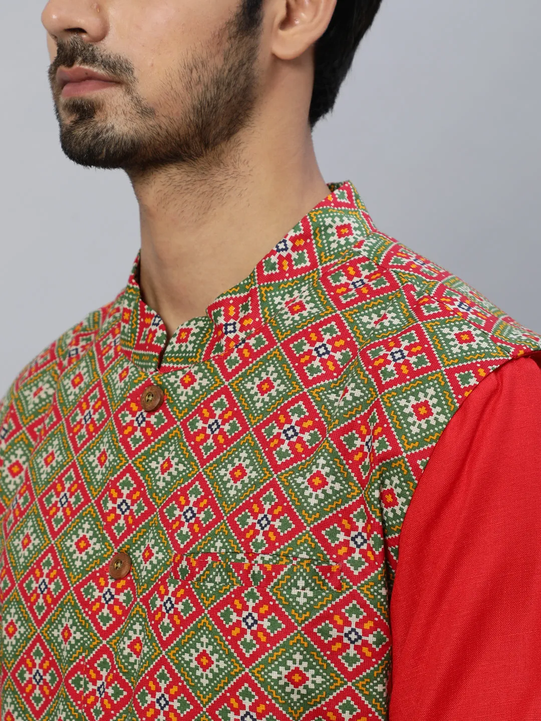 Men's Red Kurta Pyjama With Nehru Jacket - Aks Men