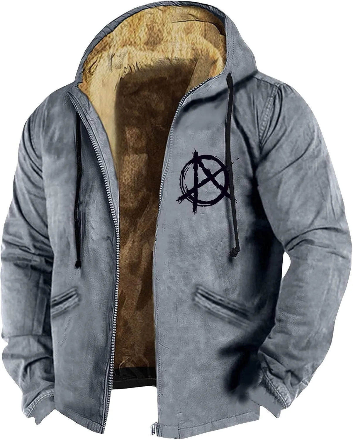Mens Vintage Fleece Jacket Sherpa Lined Winter Coats Parka Warm Over Outerwear Windproof Casual Hoodies with Pocket