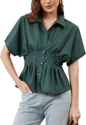 MISSACTIVER Striped Button Down Shirts for Women Short Sleeve Pleated Corset Blouse Casual Summer Peplum Dressy Tops