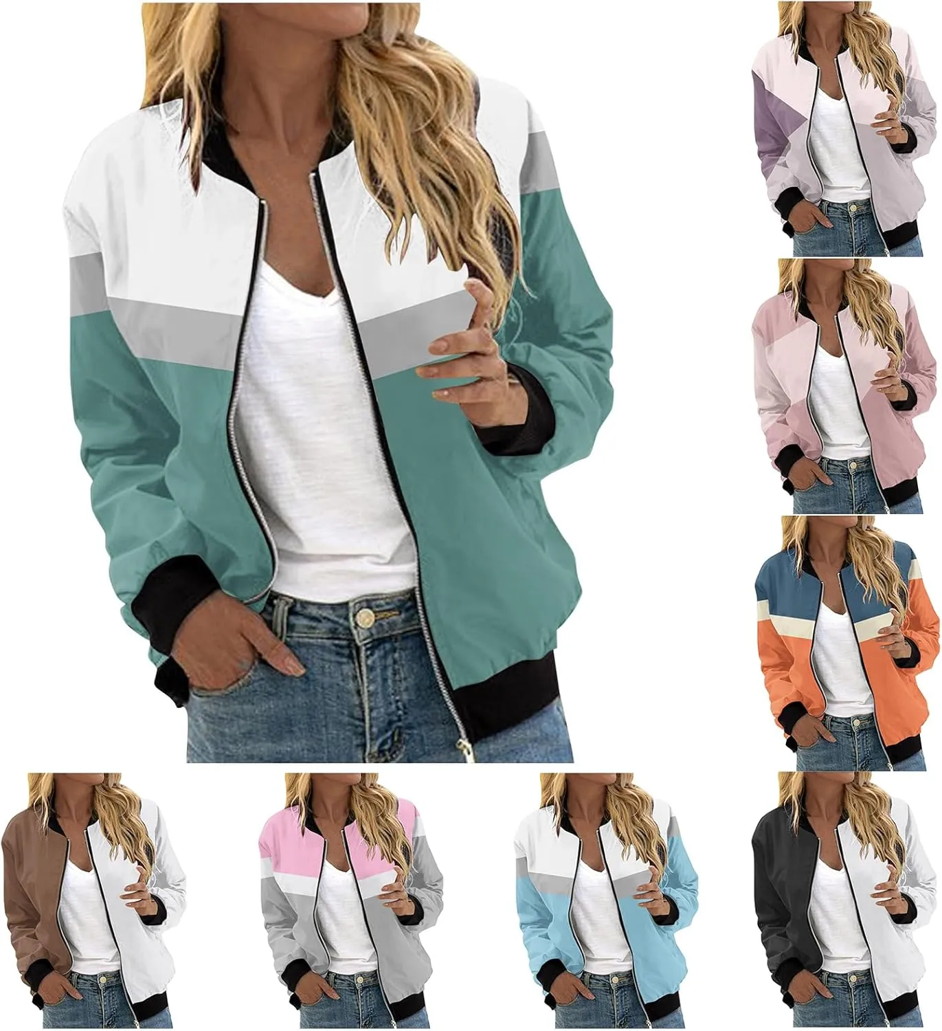 Mmoneyake Fall Jackets for Women 2024 Color Block Zip Up Bomber Jacket Casual Coat Stand Collar Lightweight Short Outwear Top