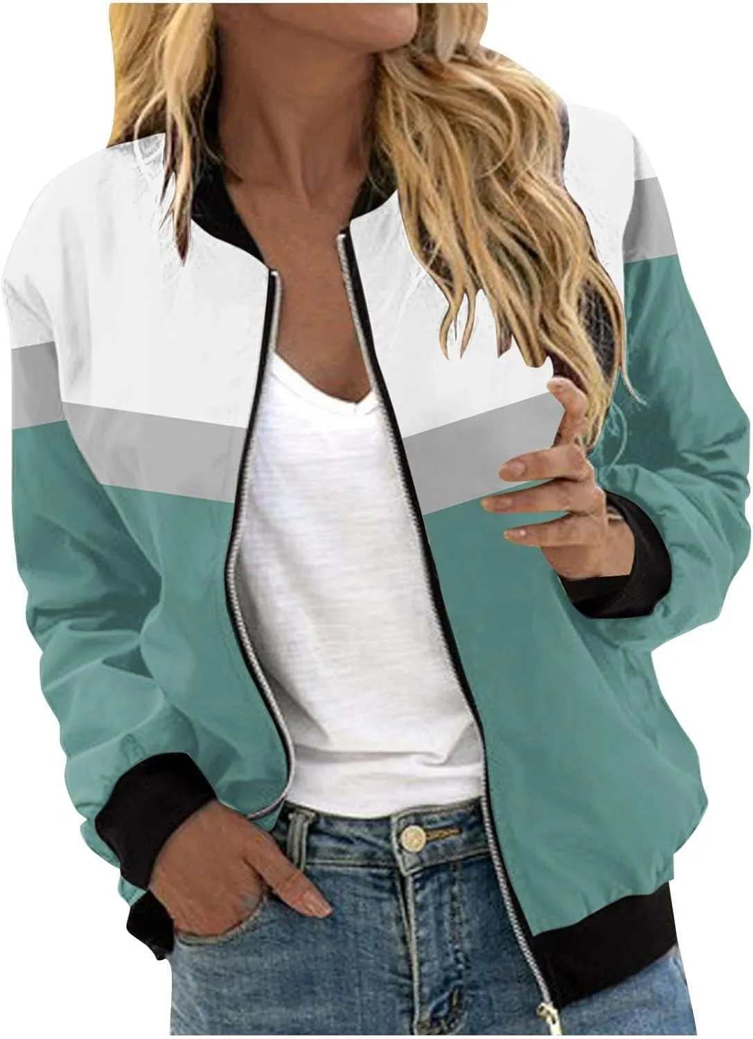 Mmoneyake Fall Jackets for Women 2024 Color Block Zip Up Bomber Jacket Casual Coat Stand Collar Lightweight Short Outwear Top