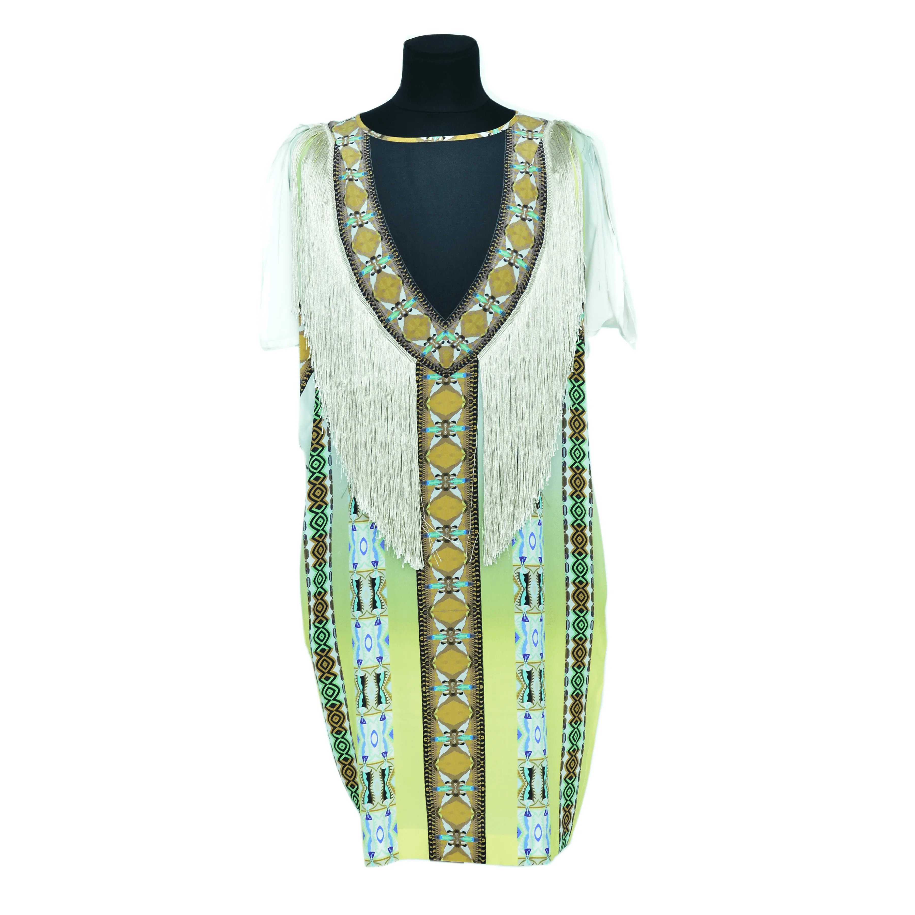 Multicolor Printed Fringe Short Sleeve Dress