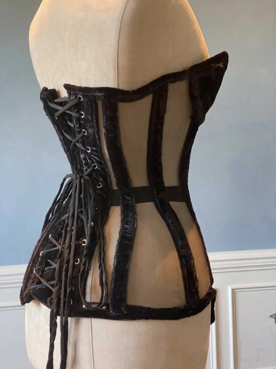 Overbust mesh and velvet authentic corset with cups and garter suspenders