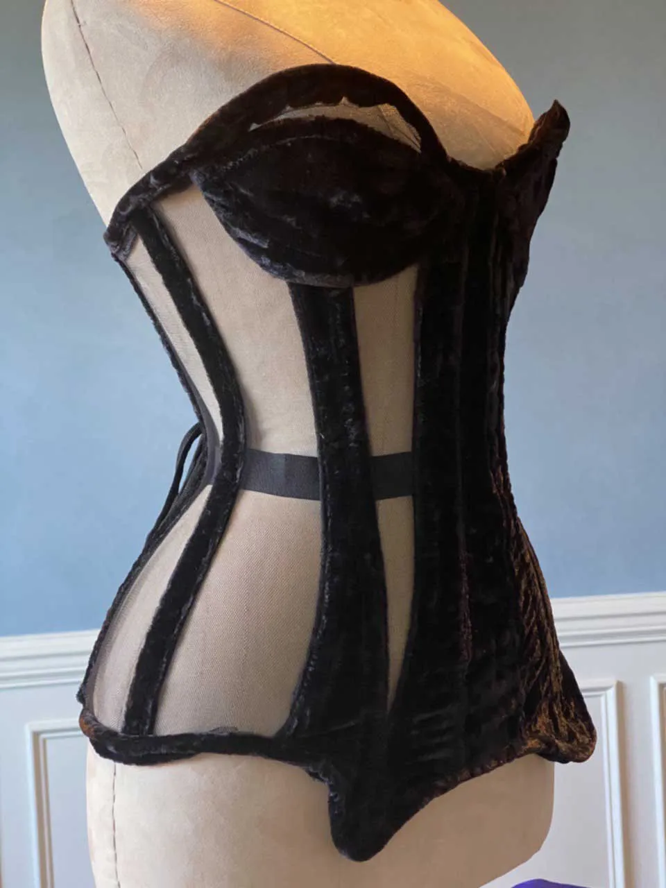 Overbust mesh and velvet authentic corset with cups and garter suspenders