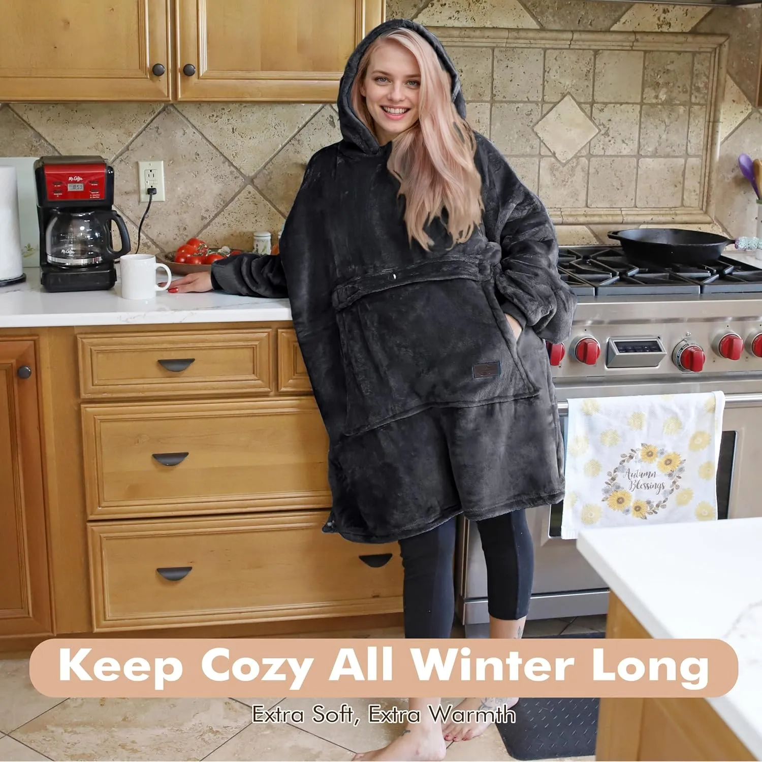 Oversized Hoodie Blanket Sweatshirt Comfortable Sherpa Giant Wearable Blankets Gift for Adults Men Women Teenagers Wife Girlfriend Grey