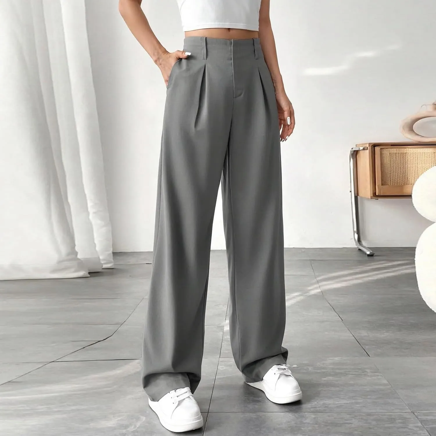 Palazzo Pants for Women Summer Casual Flowy Wide Leg Pants High Waisted Ladies Lightweight Work Pant with Pockets
