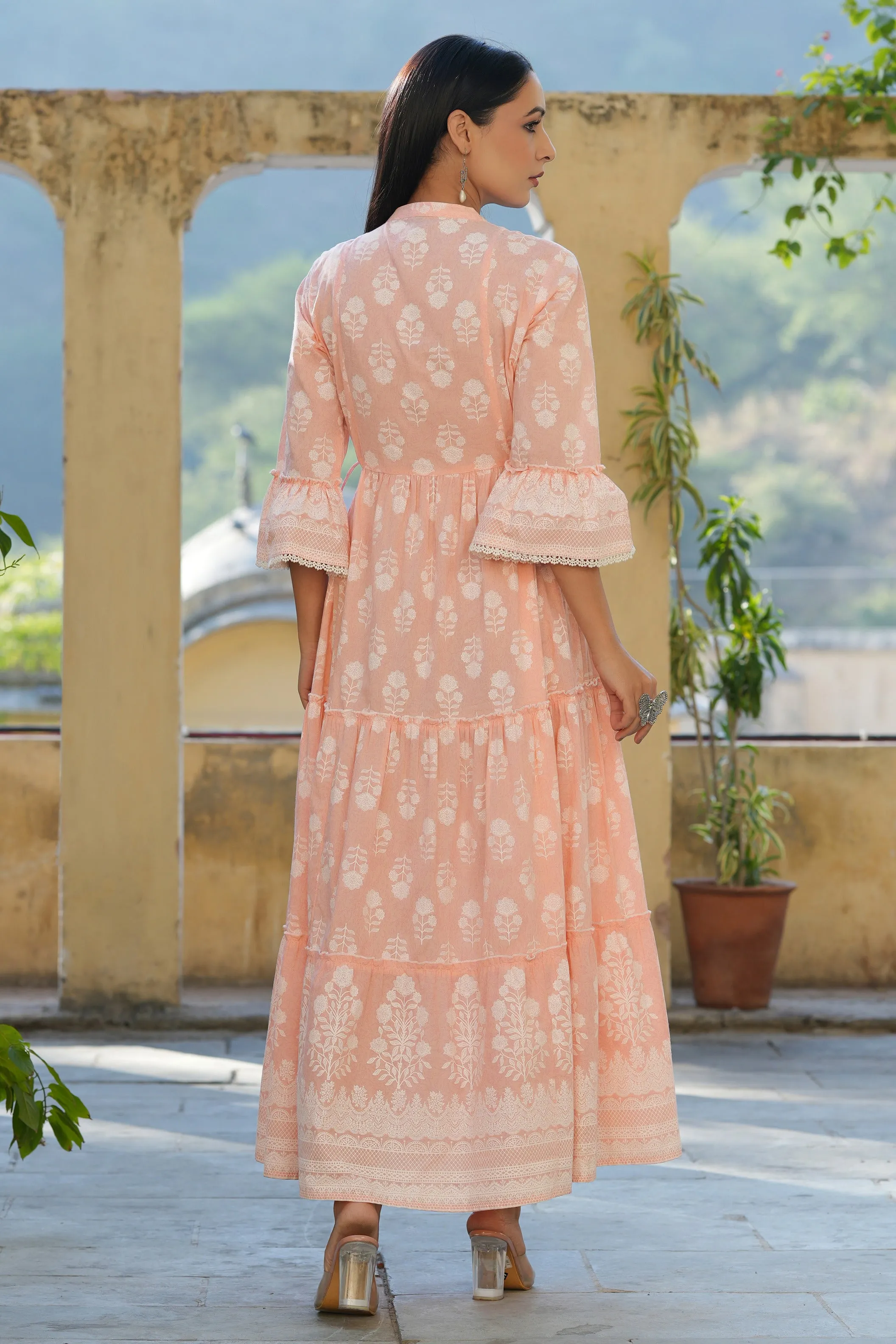 Peach  Printed Teired Dress