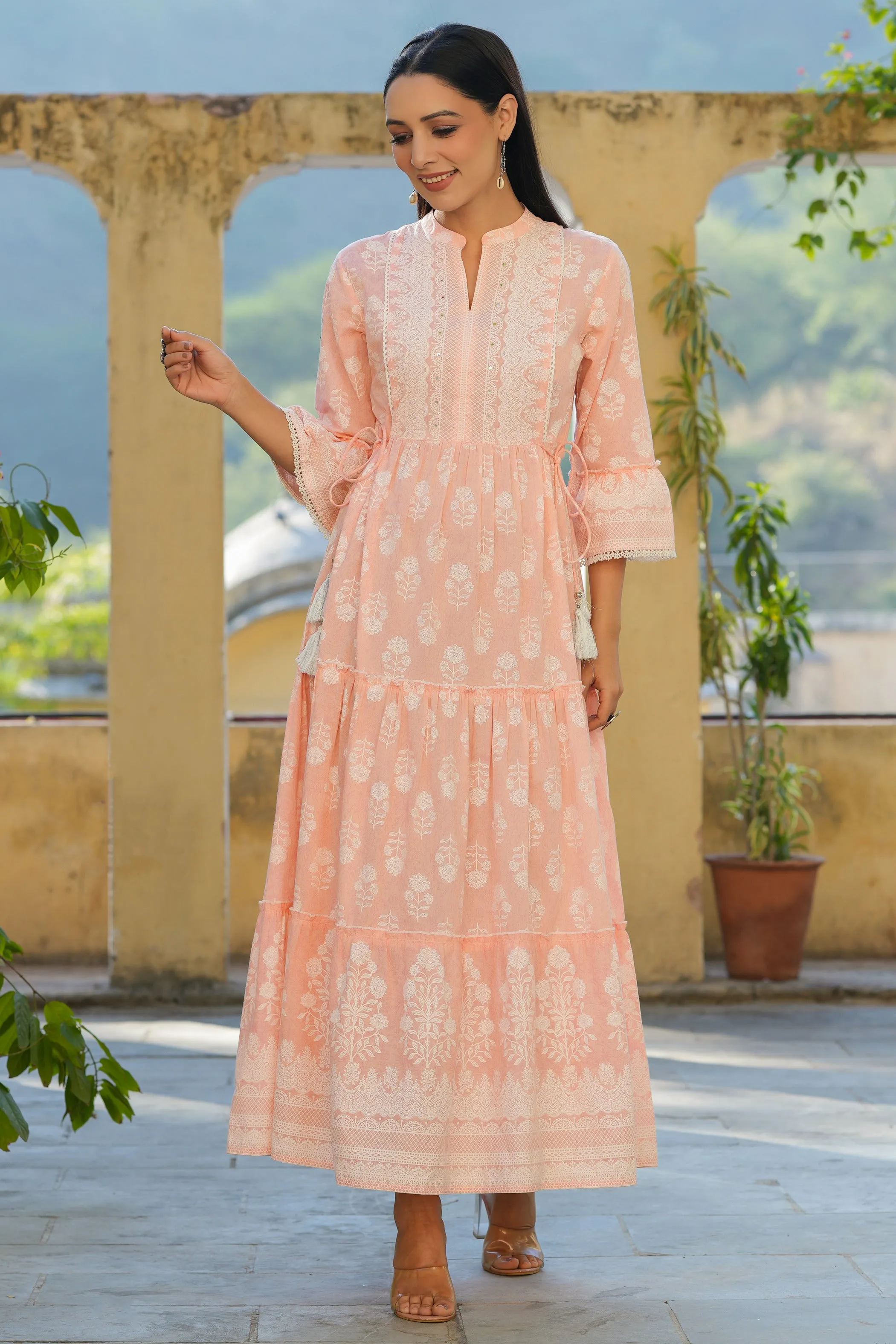 Peach  Printed Teired Dress