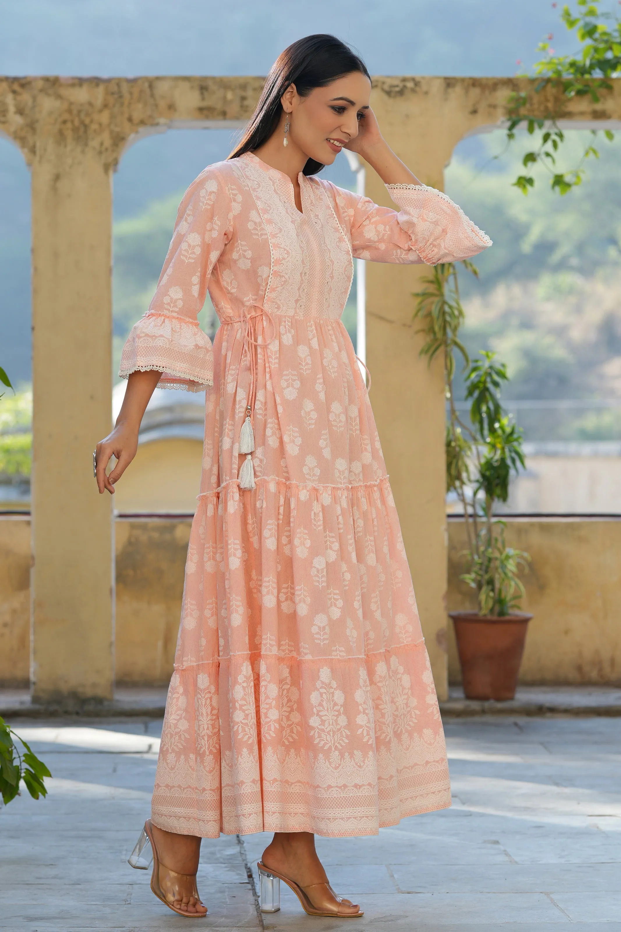 Peach  Printed Teired Dress