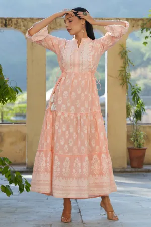 Peach  Printed Teired Dress