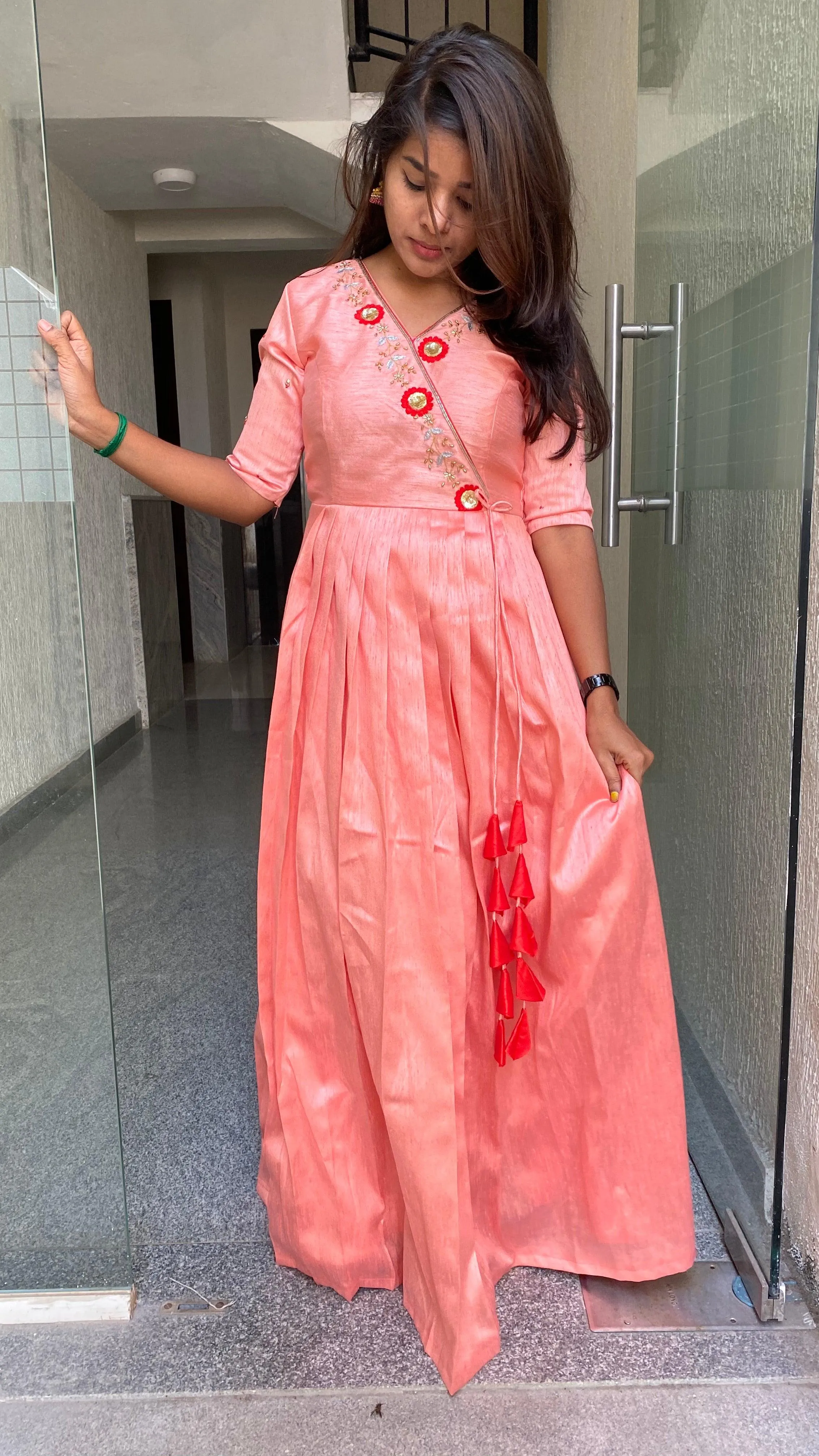 Peach silk Full handworked V neck salwar Dress