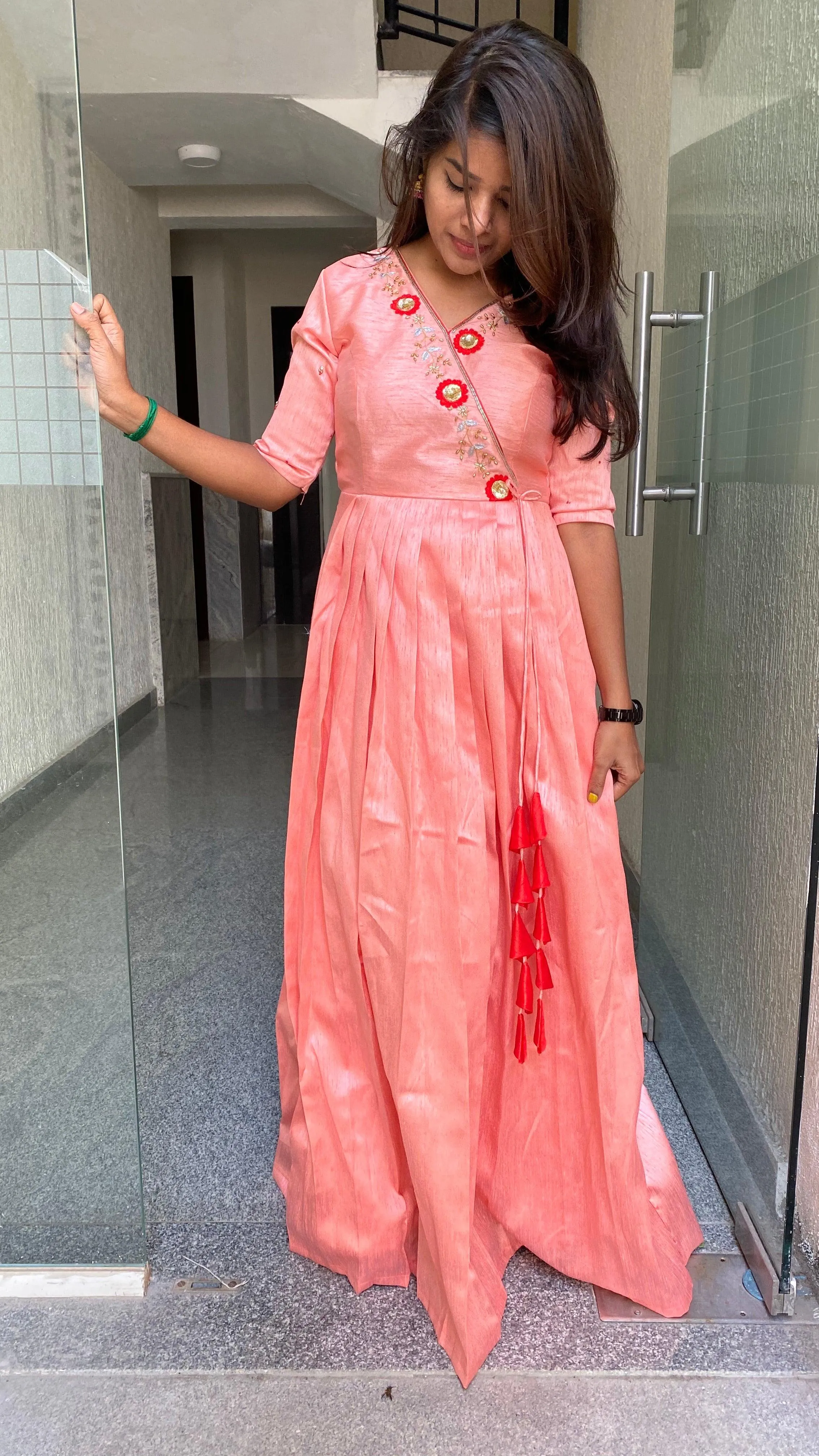 Peach silk Full handworked V neck salwar Dress
