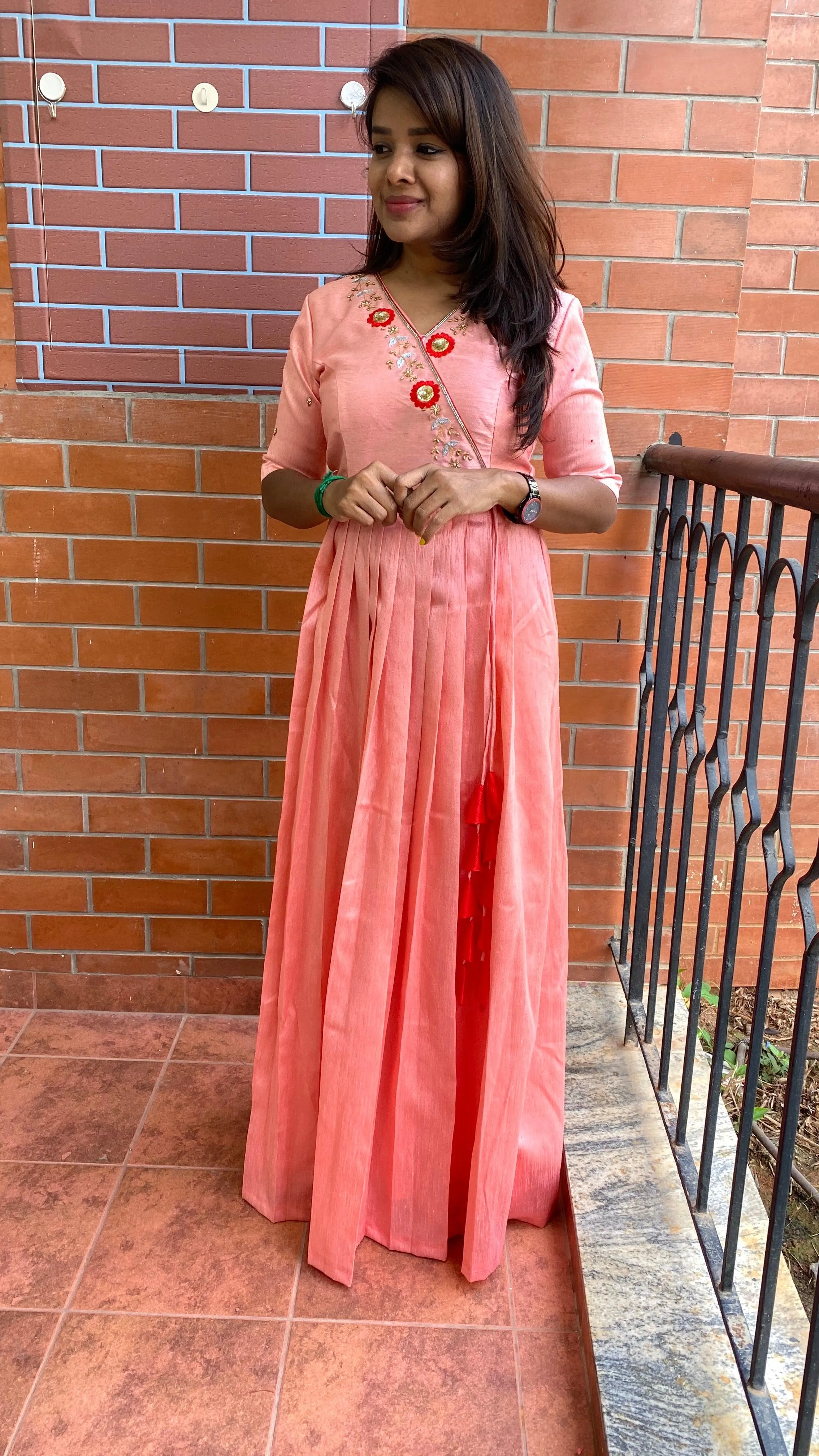 Peach silk Full handworked V neck salwar Dress