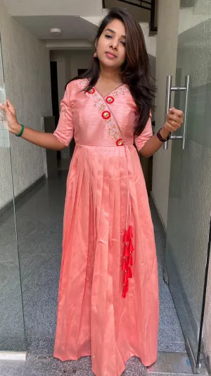 Peach silk Full handworked V neck salwar Dress
