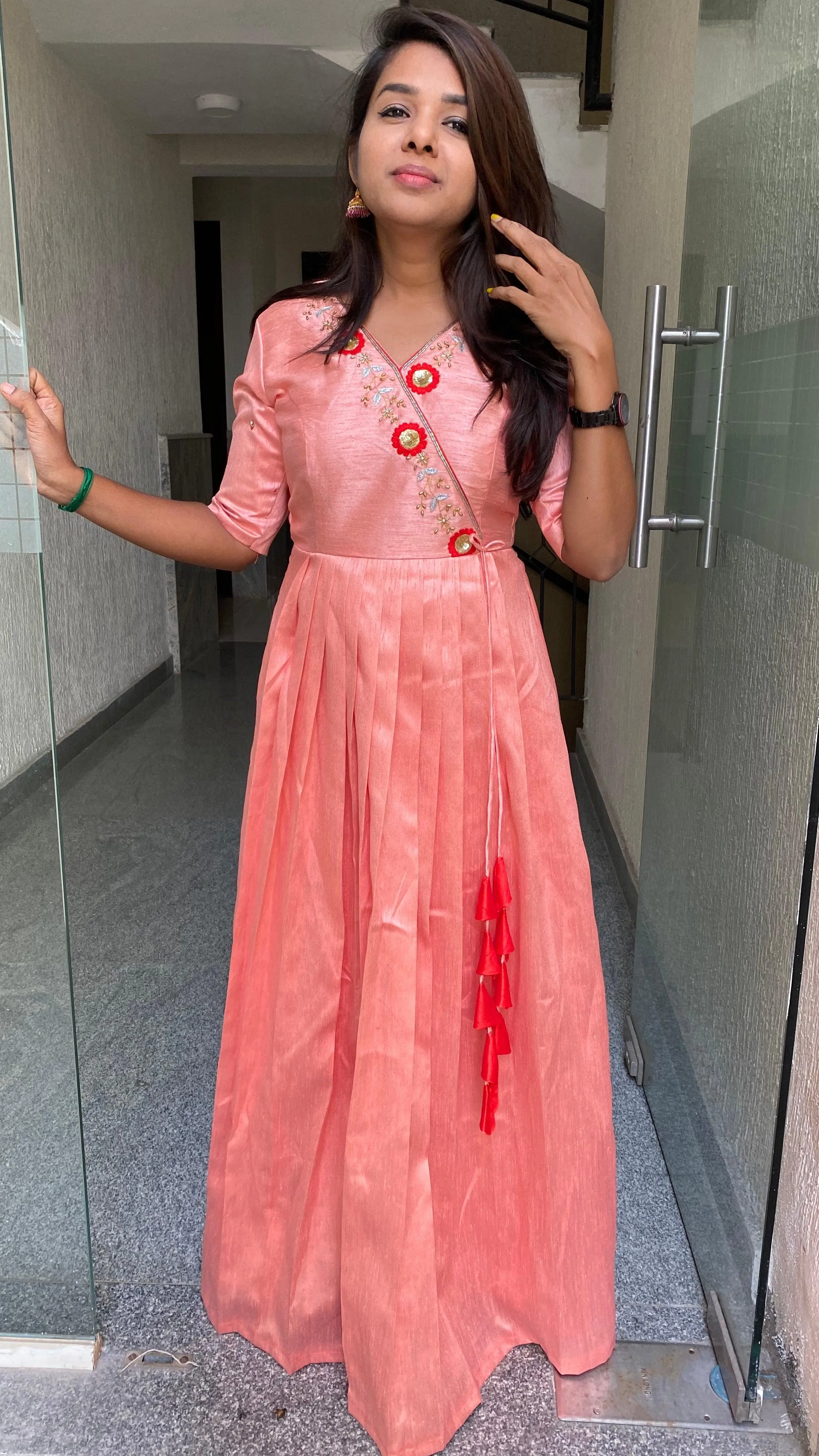 Peach silk Full handworked V neck salwar Dress