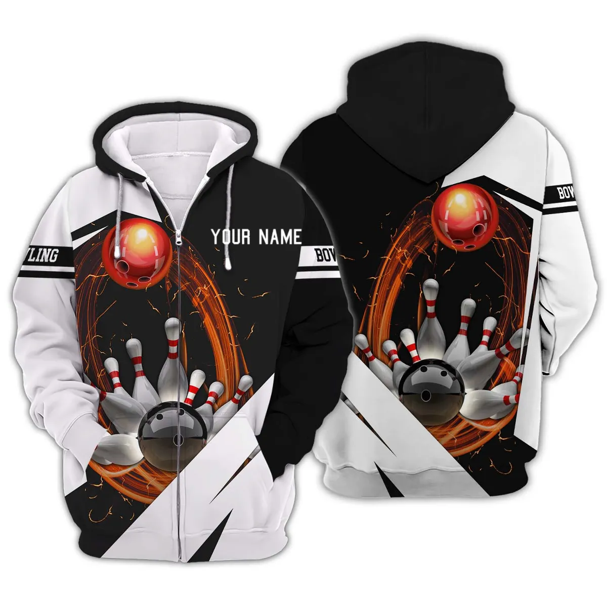 Personalized Name Bowling and Pin Black White 3D Sweatshirt Hoodie Shirt