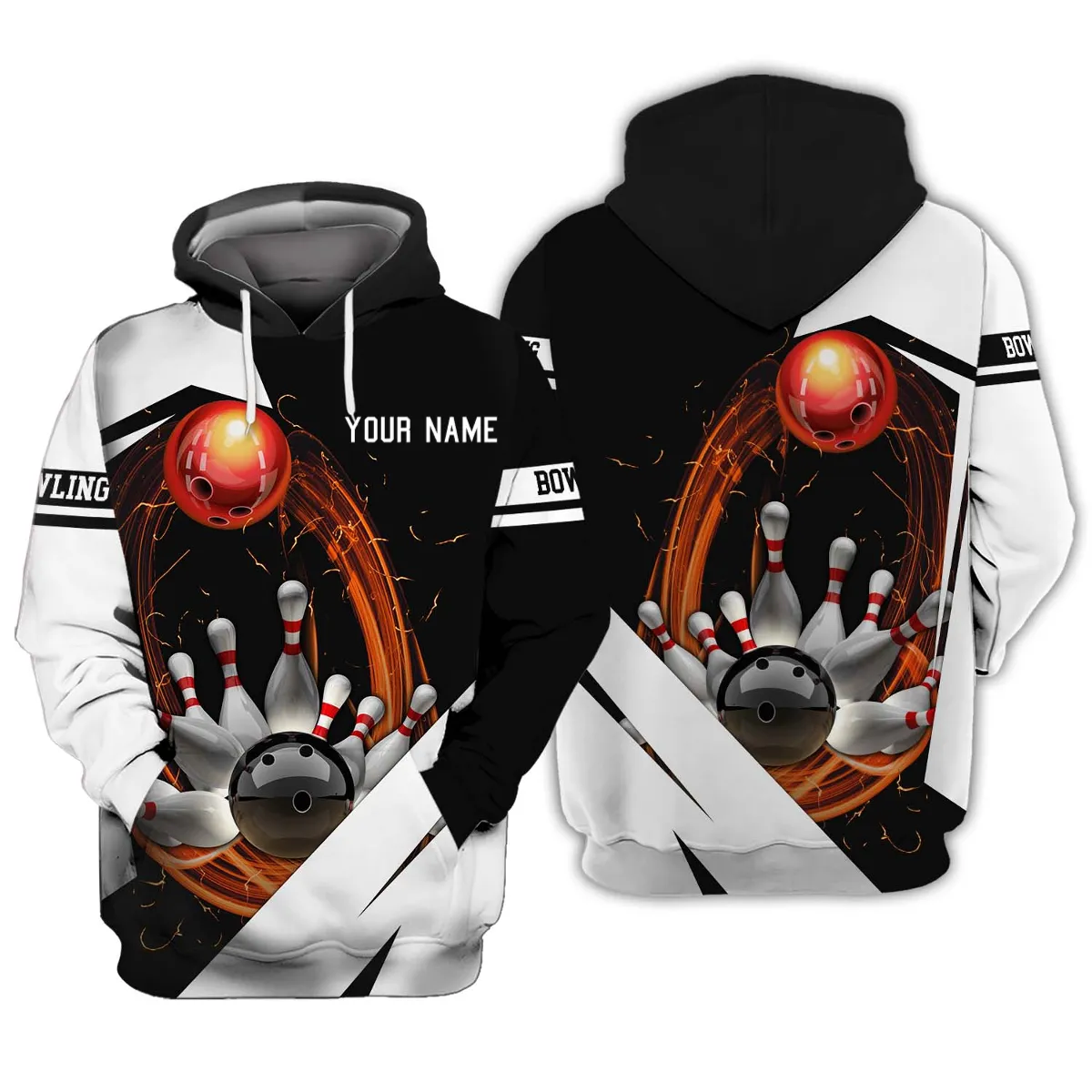 Personalized Name Bowling and Pin Black White 3D Sweatshirt Hoodie Shirt