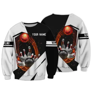 Personalized Name Bowling and Pin Black White 3D Sweatshirt Hoodie Shirt