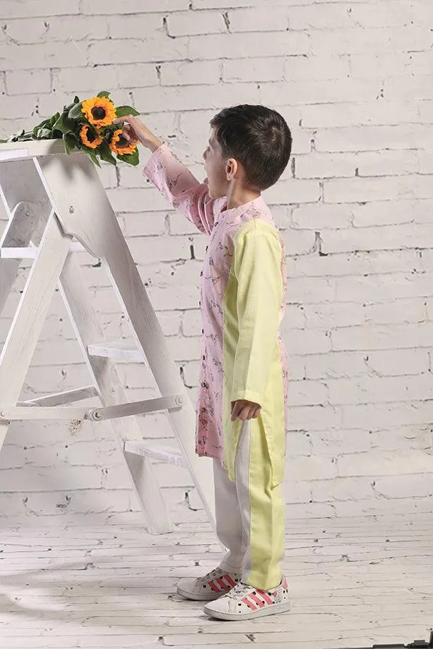 Pink animal Print Long Kurta and Off White Pants Set for Boys