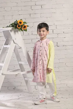 Pink animal Print Long Kurta and Off White Pants Set for Boys