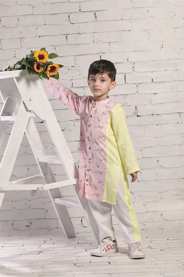 Pink animal Print Long Kurta and Off White Pants Set for Boys