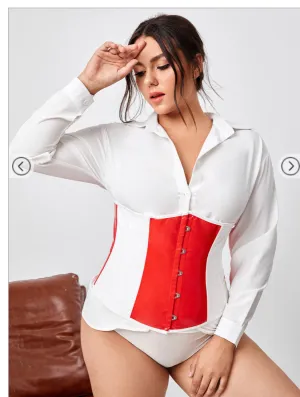 Plus Color Block Lace-up Back Corset With Thong 0XL