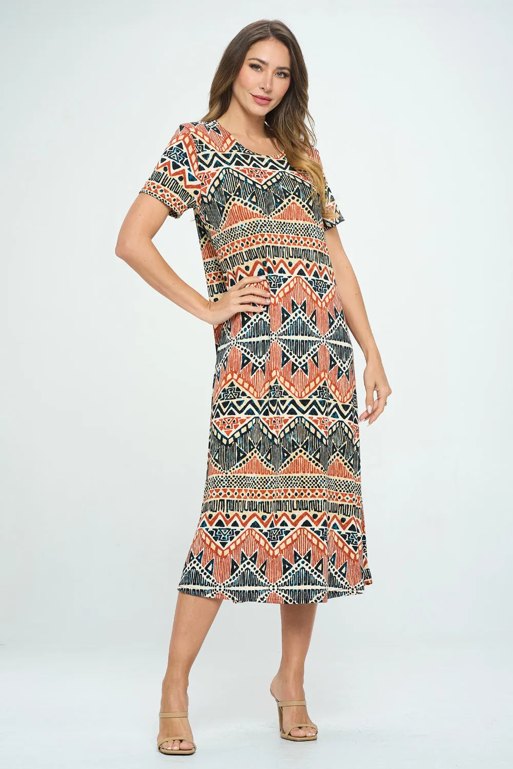 Print Long Dress Short Sleeve -7002BN-SRP1-W381