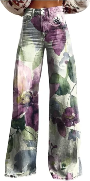 Printed Jeans for Women, Vintage Floral Graphic, 2025 Summer Wide Leg Dark Wash 90s Thin FauxJean Not Really Jeans.