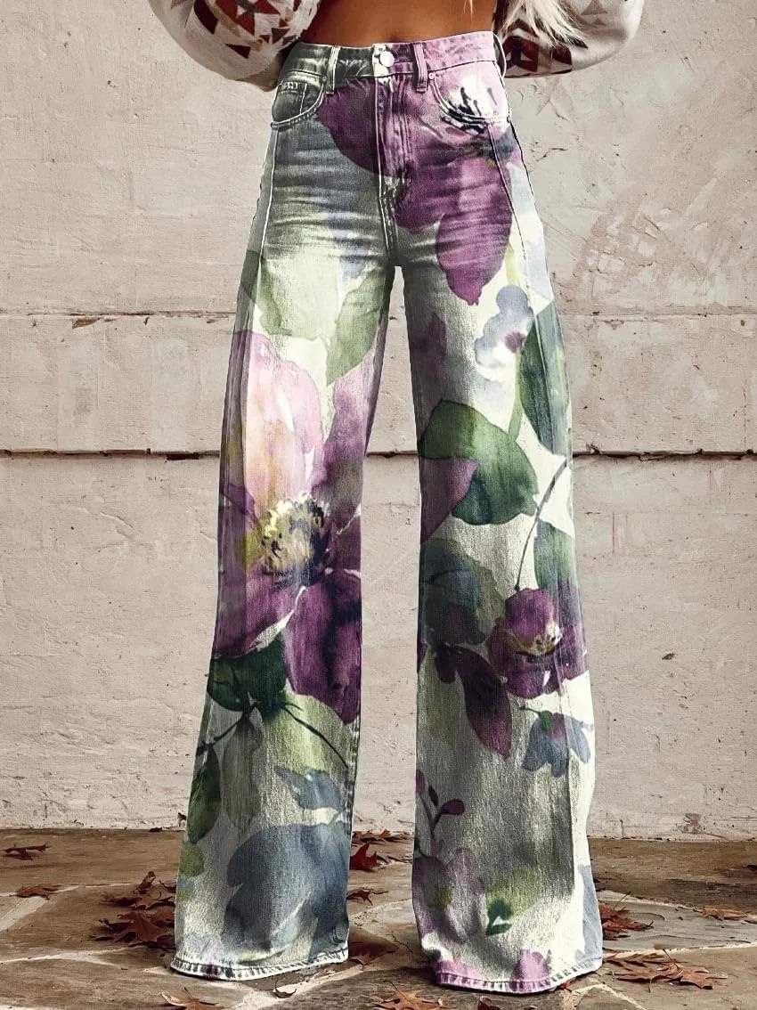 Printed Jeans for Women, Vintage Floral Graphic, 2025 Summer Wide Leg Dark Wash 90s Thin FauxJean Not Really Jeans.