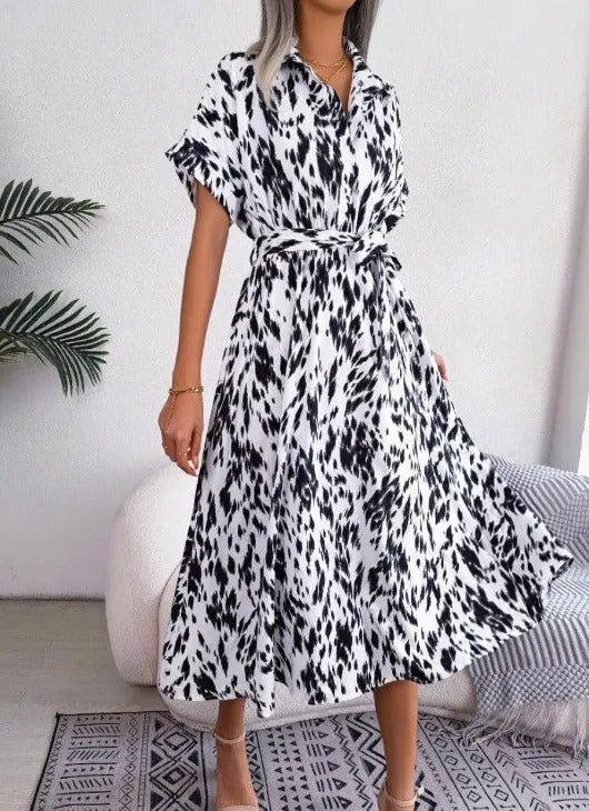 Printed Short Sleeve Tie Waist Dress