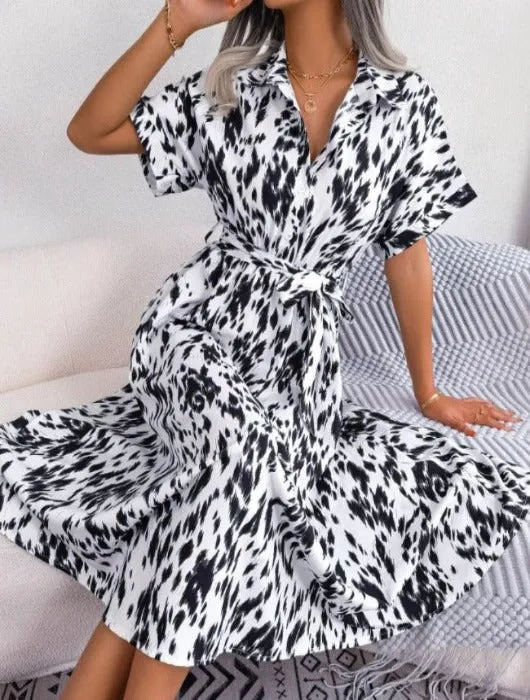 Printed Short Sleeve Tie Waist Dress
