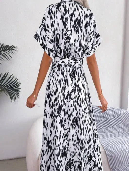 Printed Short Sleeve Tie Waist Dress