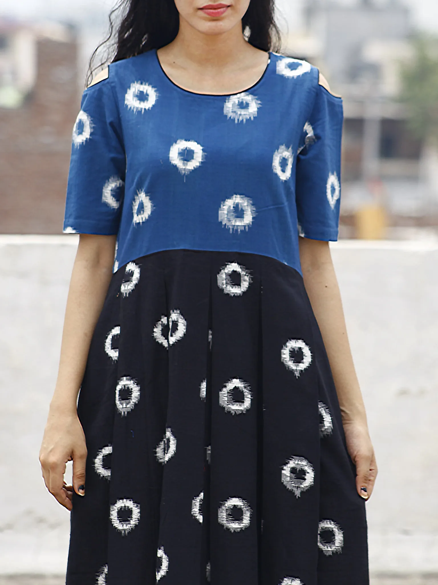 Prussian Blue Black Ivory Handwoven Double Ikat Pleated Cold Shoulder Dress With Side Pockets & Back Zip -  D81F853
