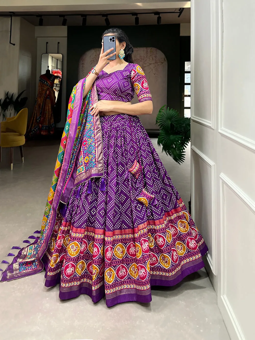 Purple Color Bandhej And Patola Print With Foil Work Tussar Silk Lehnga Choli