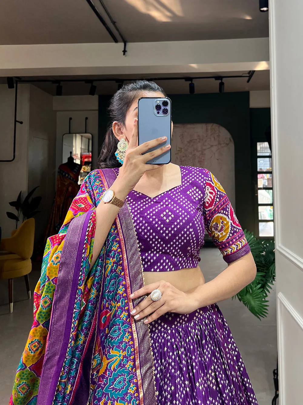 Purple Color Bandhej And Patola Print With Foil Work Tussar Silk Lehnga Choli
