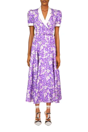 Purple Iris Printed Silk Twill Collared Dress With Belt Detail