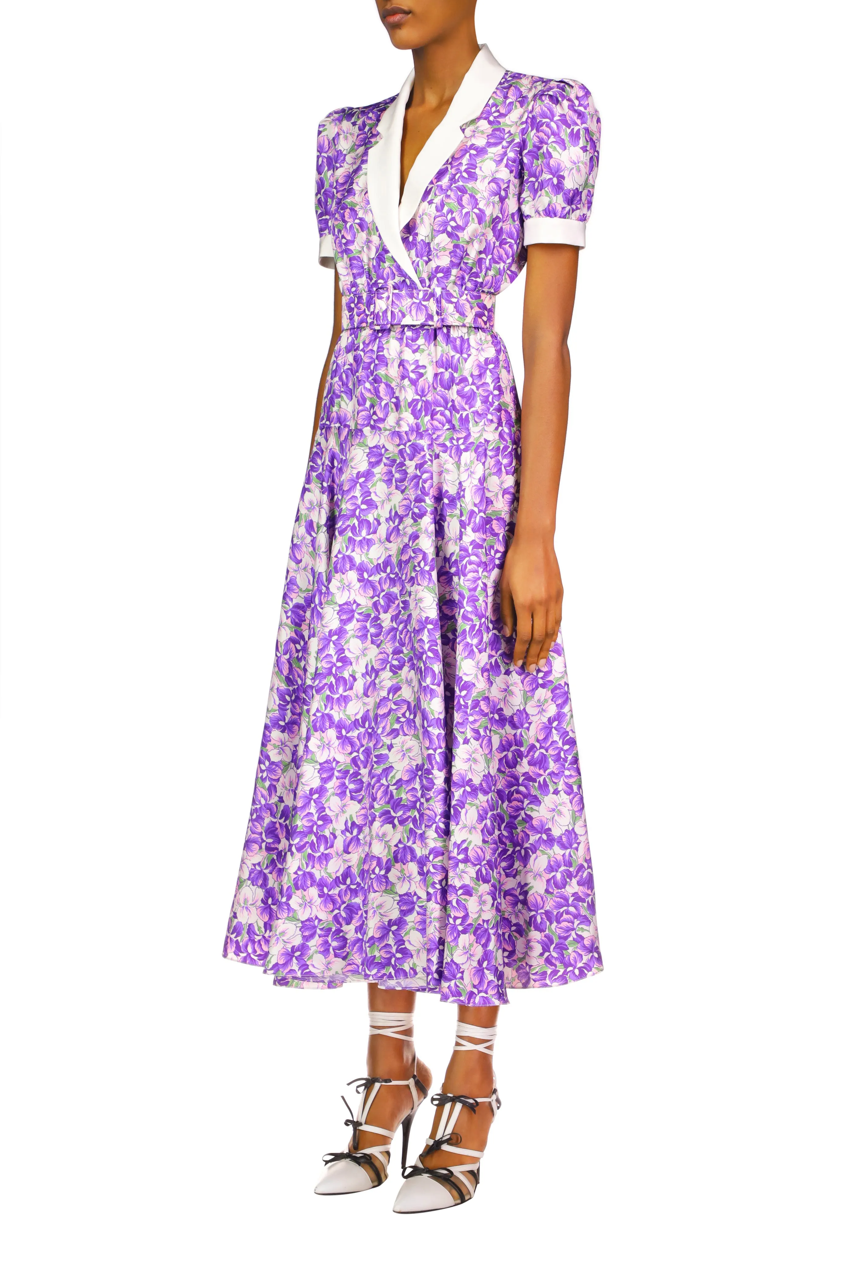 Purple Iris Printed Silk Twill Collared Dress With Belt Detail